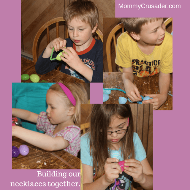 We sat down on Saturday and made these fantastic, whimsical, and easy Easter necklaces in just a few moments. The kids enjoyed themselves immensely and created something fun to wear for the Easter egg hunts. As an added bonus, they all practiced their fine motor skills threading the eggs.