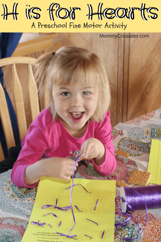 Our fine motor skills development activity for the letter H is a lace-up card of hearts. After all, H is for heart.
