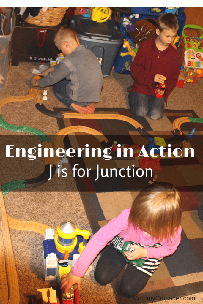 Our engineering in action section of our learning unit on the letter J is J is for Junction. We were civil engineers, planning and constructing a model railroad together. 